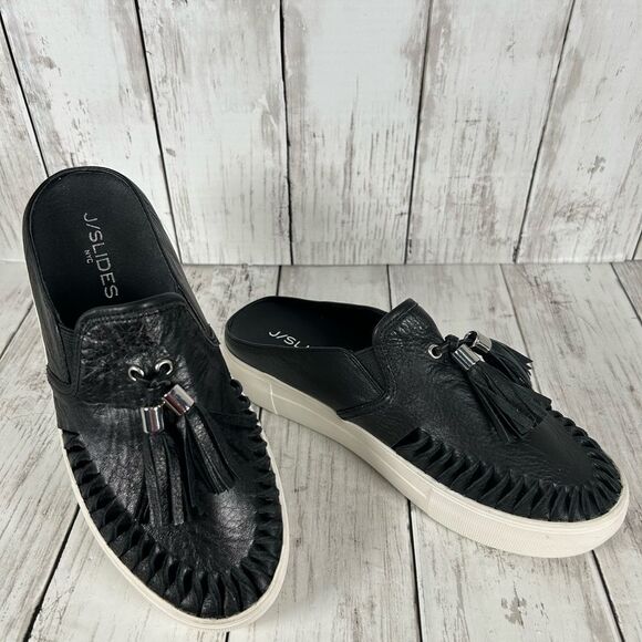 J/SLIDES NYC ANDIE BLACK LEATHER PLATFORM SLIP-ON SNEAKERS SIZE 6.5 NEW - Picture 1 of 7